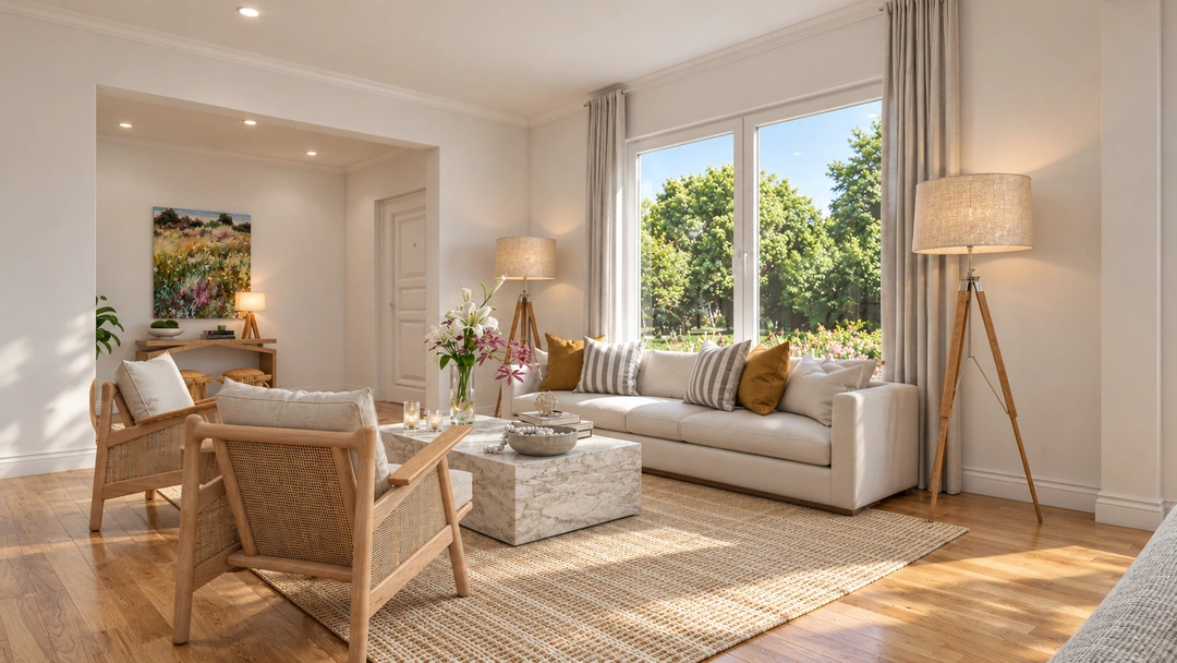 Sunlit living room and dining area — Los Angeles, CA, Studio Dalika