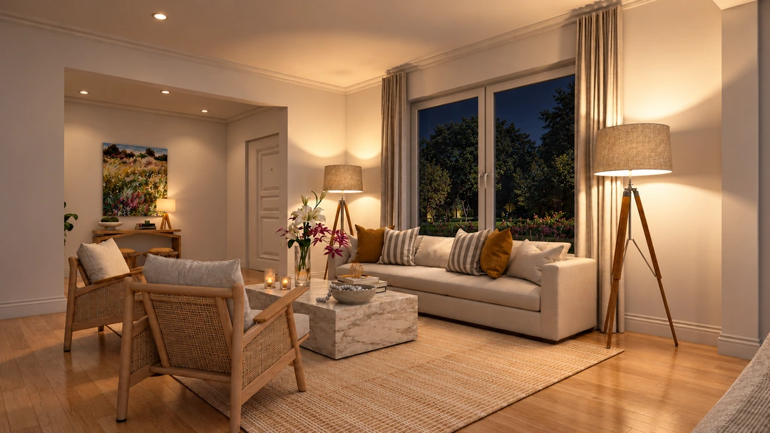 Living room and dining area at night — Los Angeles, CA, Studio Dalika; project view 7