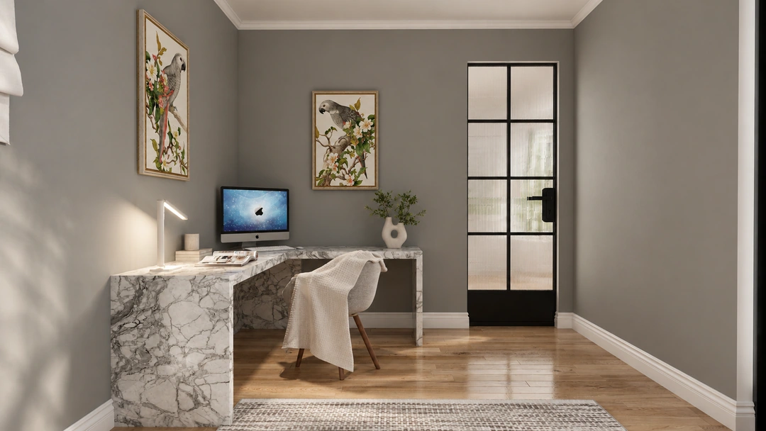 Home office with a desk and wall shelves — Los Angeles, CA, Studio Dalika; project view 12