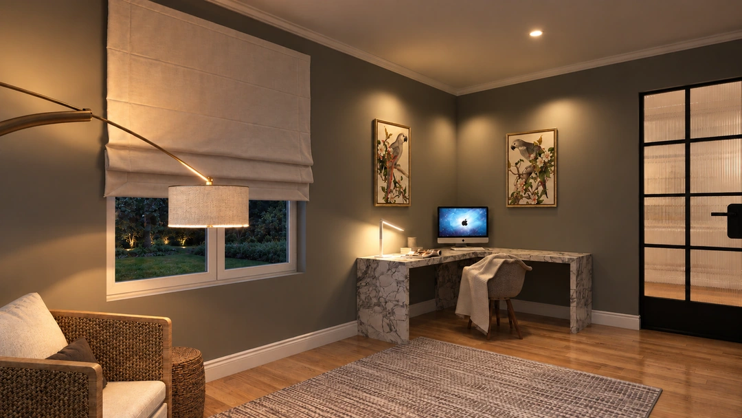 Home office with desk and shelving at night — Los Angeles, CA, Studio Dalika; project view 13
