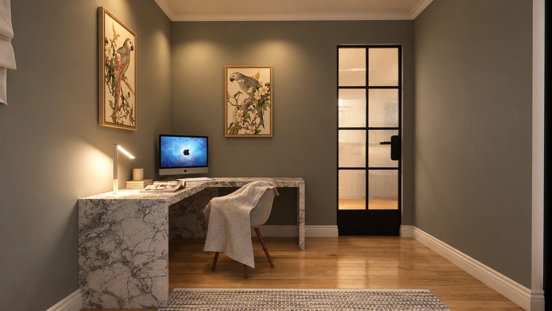 Home office and built-in bookcase at night — Los Angeles, CA, Studio Dalika; project view 14