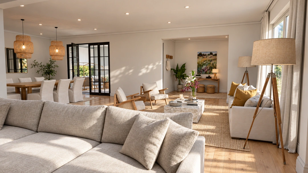 Living room with sofas and pendant lighting — Los Angeles, CA, Studio Dalika; project view 15