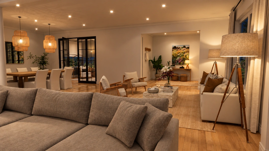 Dining table and upholstered chairs at night — Los Angeles, CA, Studio Dalika; project view 16