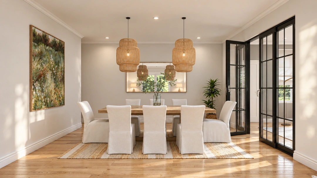 Dining table beneath woven pendant lights — Los Angeles, CA, Studio Dalika; project view 18