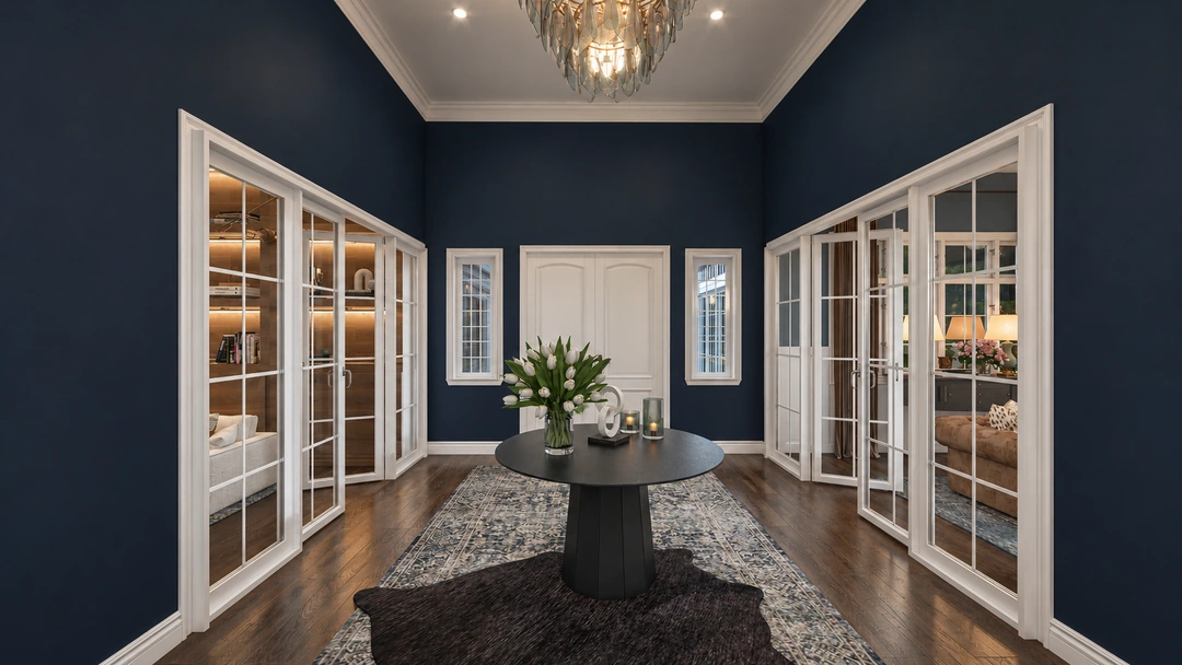 Blue entry hall with glazed side doors — Boston, MA, Studio Dalika