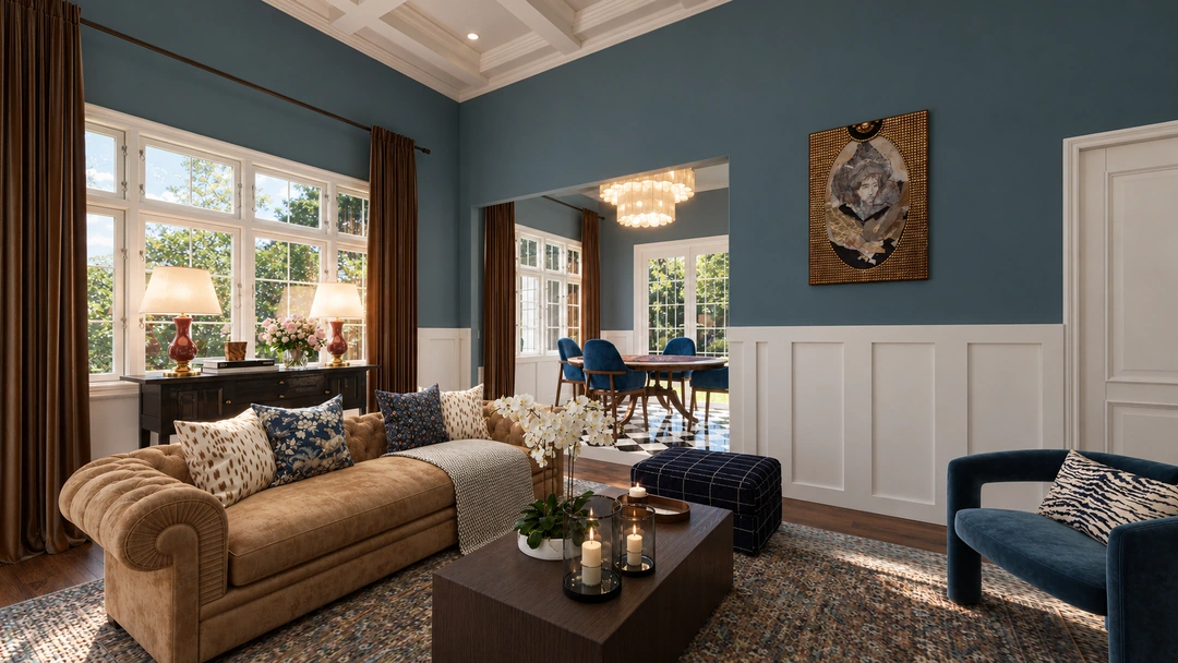 Blue living room with tufted seating — Boston, MA, Studio Dalika