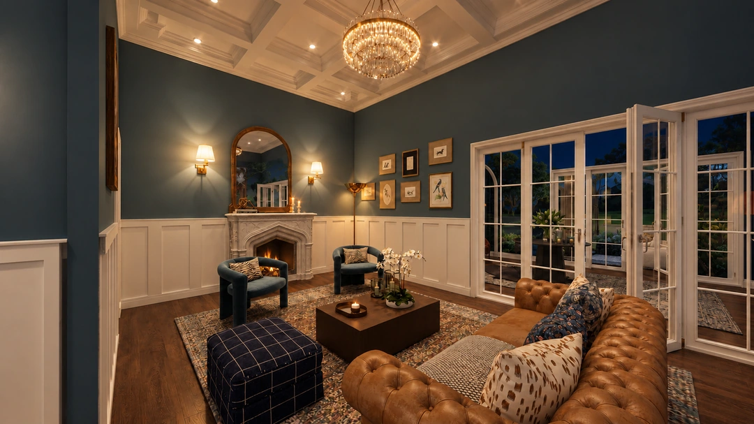 Blue living room with a fireplace at night — Boston, MA, Studio Dalika; project view 3