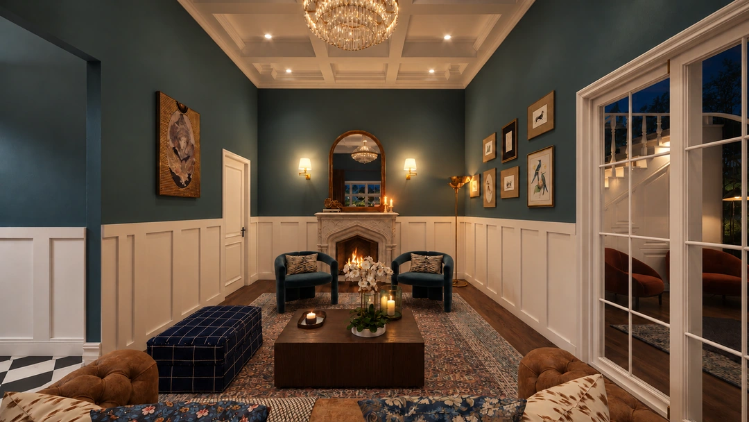 Dining table beside white wainscoting at night — Boston, MA, Studio Dalika; project view 4