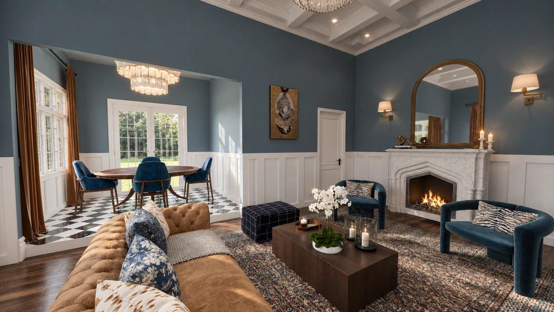 Tufted sofa and paneled blue walls — Boston, MA, Studio Dalika; project view 5