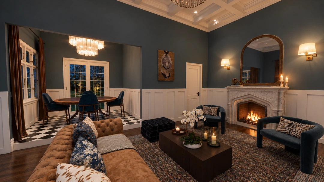 Blue living room with white paneling at night — Boston, MA, Studio Dalika; project view 6