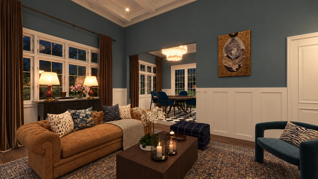 Blue seating area beside glazed doors at night — Boston, MA, Studio Dalika; project view 7