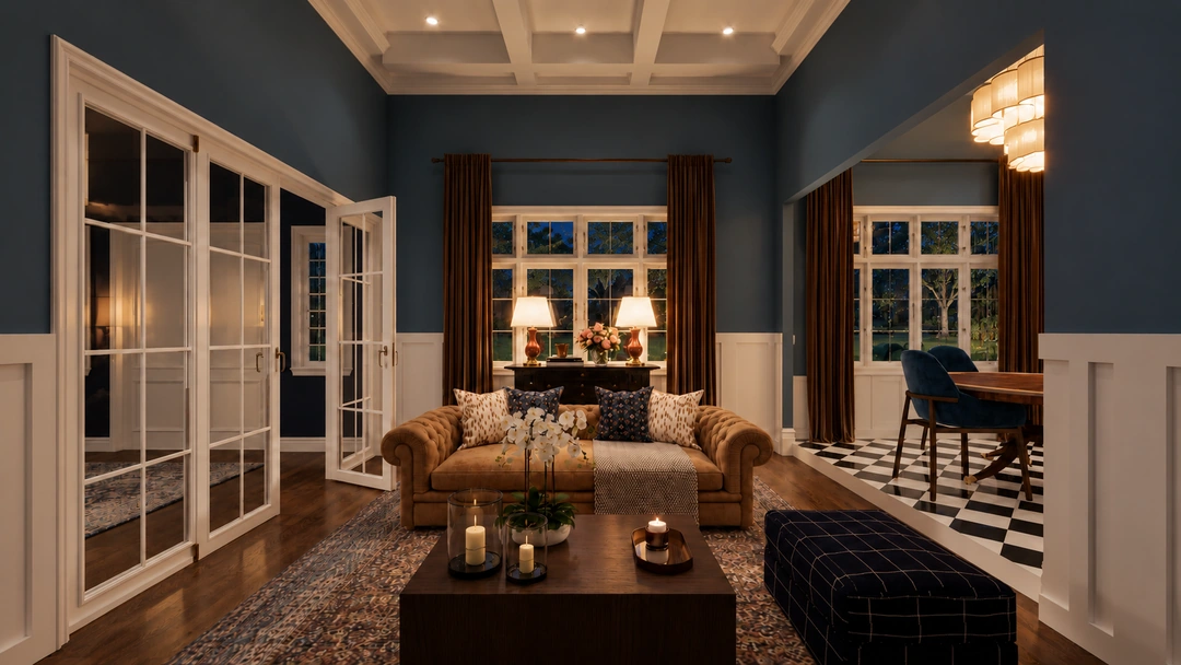 Blue living room with upholstered seating at night — Boston, MA, Studio Dalika; project view 8