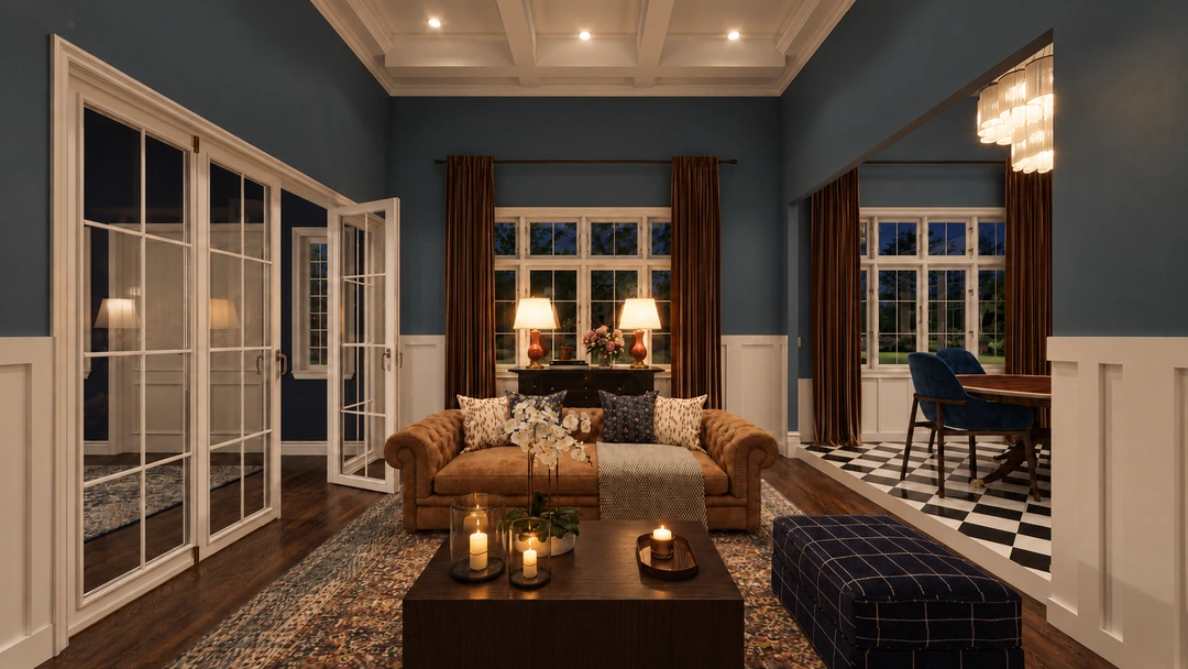 Blue living room and round coffee tables at night — Boston, MA, Studio Dalika; project view 9
