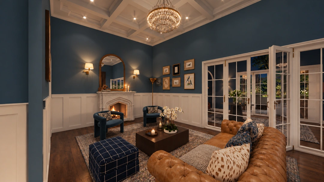 Dark blue lounge and glazed doors at night — Boston, MA, Studio Dalika; project view 10
