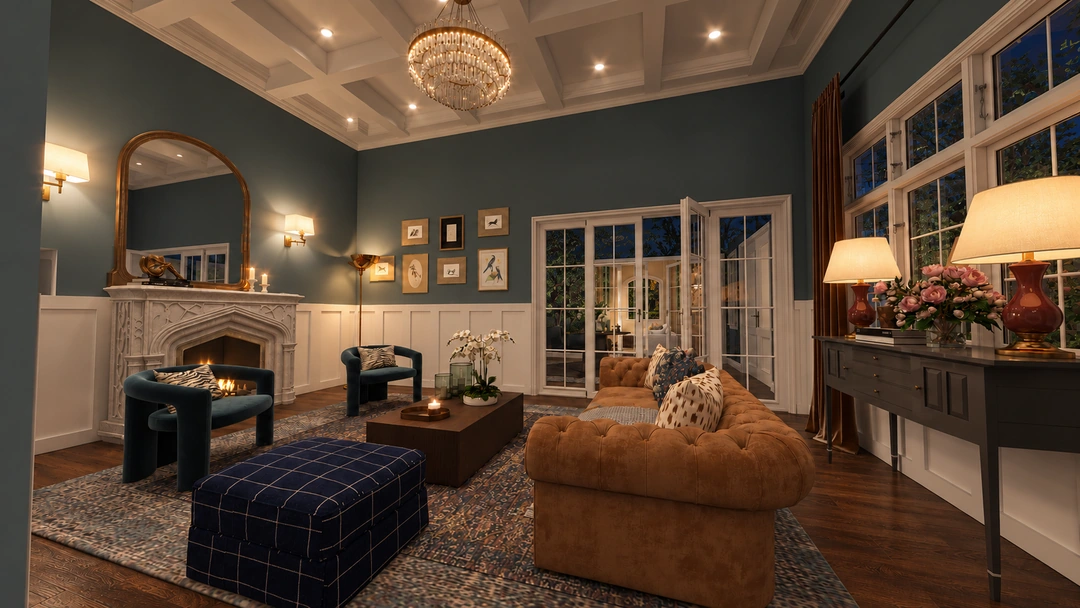Dining table and paneled walls at night — Boston, MA, Studio Dalika; project view 12