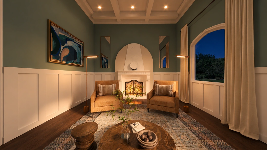 Fireplace and arched windows at night — Boston, MA, Studio Dalika; project view 3