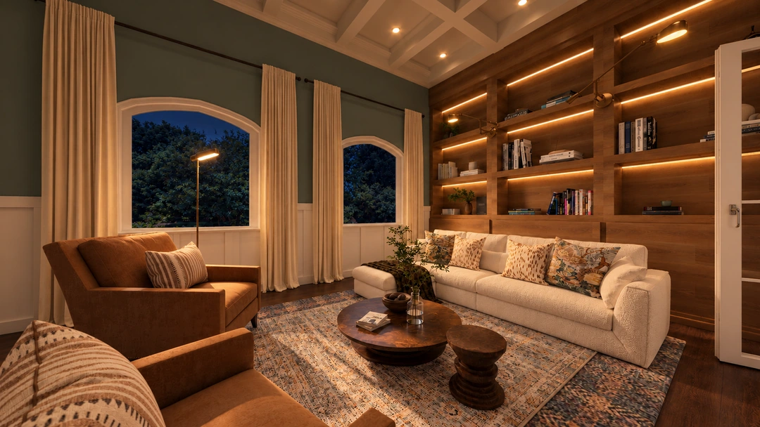 Living room with built-in bookcases at night — Boston, MA, Studio Dalika; project view 4