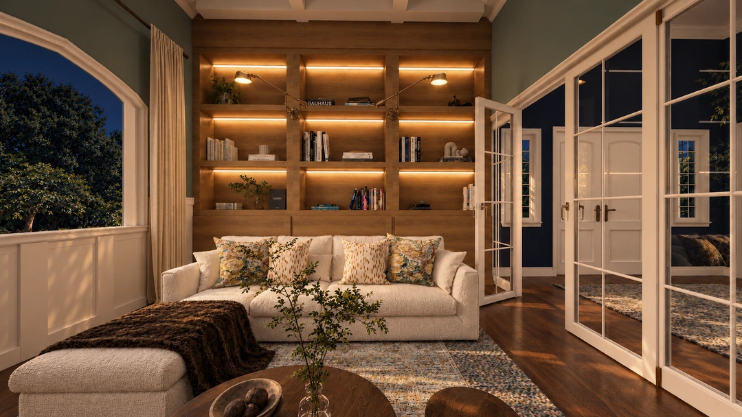 Living room with illuminated shelves at night — Boston, MA, Studio Dalika; project view 5