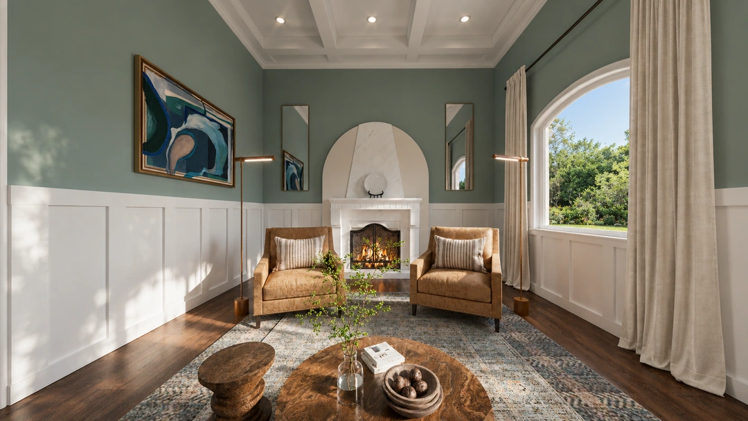 White fireplace beneath an arched mirror — Boston, MA, Studio Dalika; project view 6