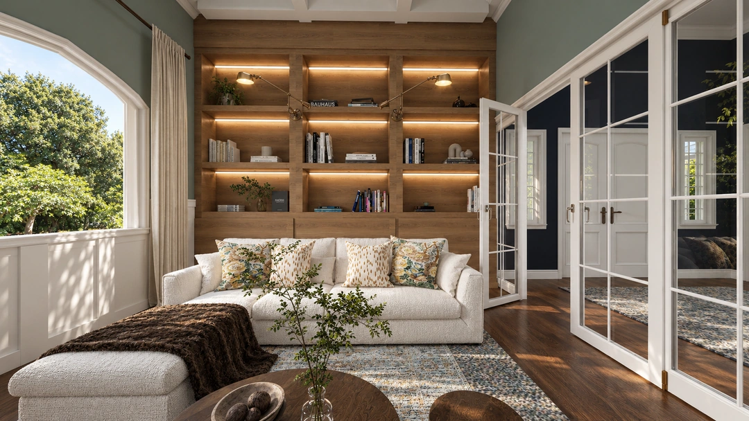 Living room beside a tall illuminated bookcase — Boston, MA, Studio Dalika; project view 8