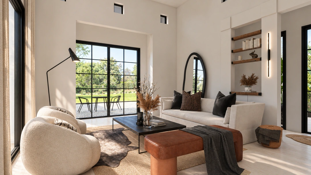 Living room with curved chairs and arched mirror — Pasadena, CA, Studio Dalika