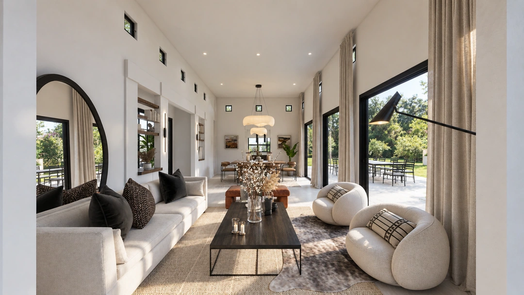 Open living and dining room with large windows — Pasadena, CA, Studio Dalika; project view 3