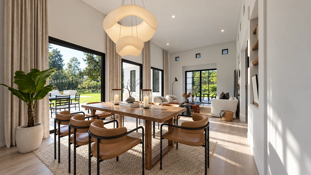 Dining room with wooden table and pendant light — Pasadena, CA, Studio Dalika; project view 4