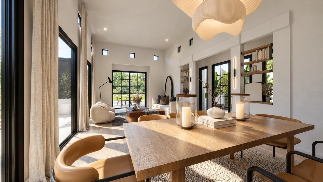 Dining table beneath sculptural pendant and framed artwork — Pasadena, CA, Studio Dalika; project view 5