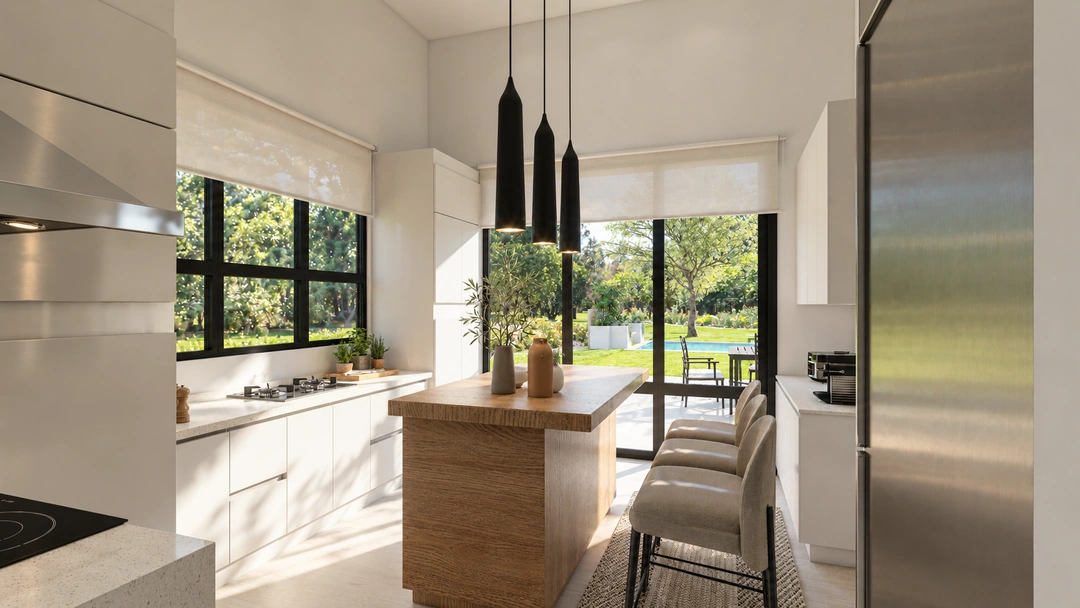 Kitchen island with pale stools and black framed windows — Pasadena, CA, Studio Dalika; project view 6