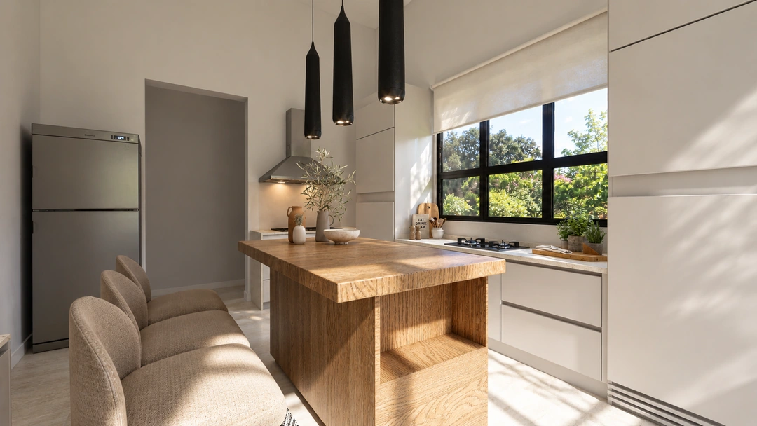 Kitchen island with pale stools and window view — Pasadena, CA, Studio Dalika; project view 7