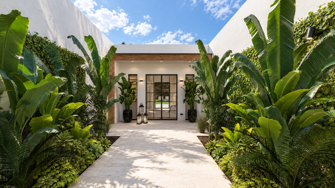 Entry walkway lined with tropical planting — Pasadena, CA, Studio Dalika; project view 8