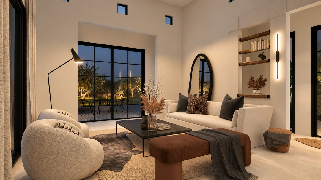 Evening sitting area with curved chairs and arched mirror — Pasadena, CA, Studio Dalika; project view 9