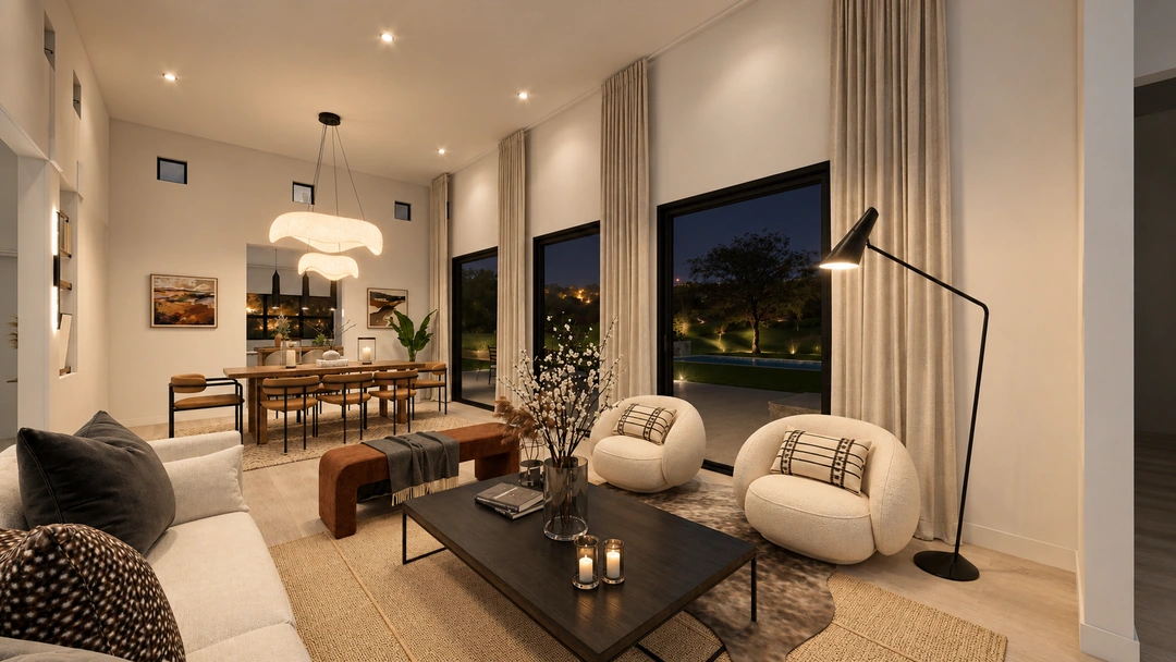 Evening living room with rounded chairs and dining beyond — Pasadena, CA, Studio Dalika; project view 10
