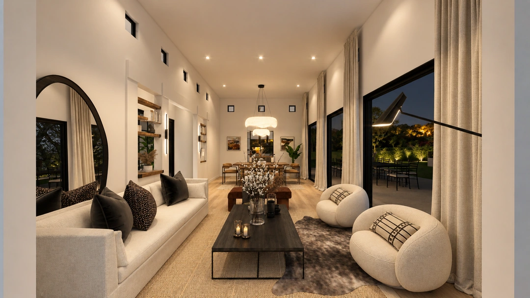 Curved living room seating at night — Pasadena, CA, Studio Dalika; project view 11