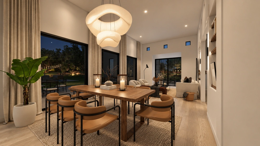 Dining room with woven chairs at night — Pasadena, CA, Studio Dalika; project view 12