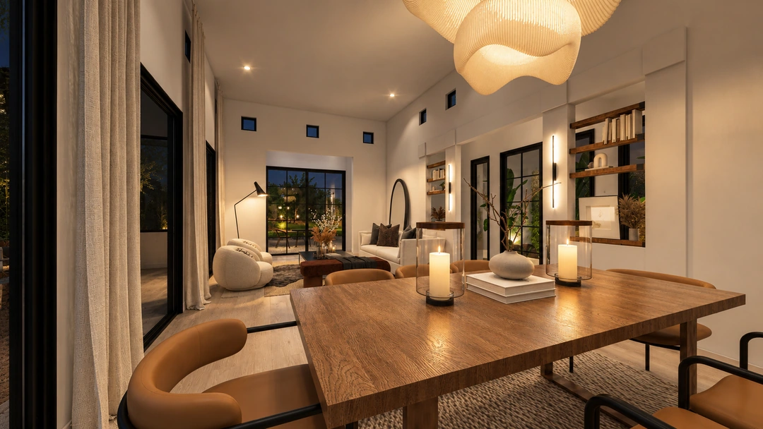 Dining table beneath sculptural lighting at night — Pasadena, CA, Studio Dalika; project view 13