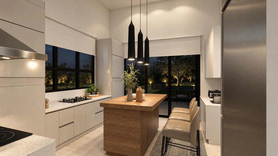 Kitchen island and pendant lighting at night — Pasadena, CA, Studio Dalika; project view 14