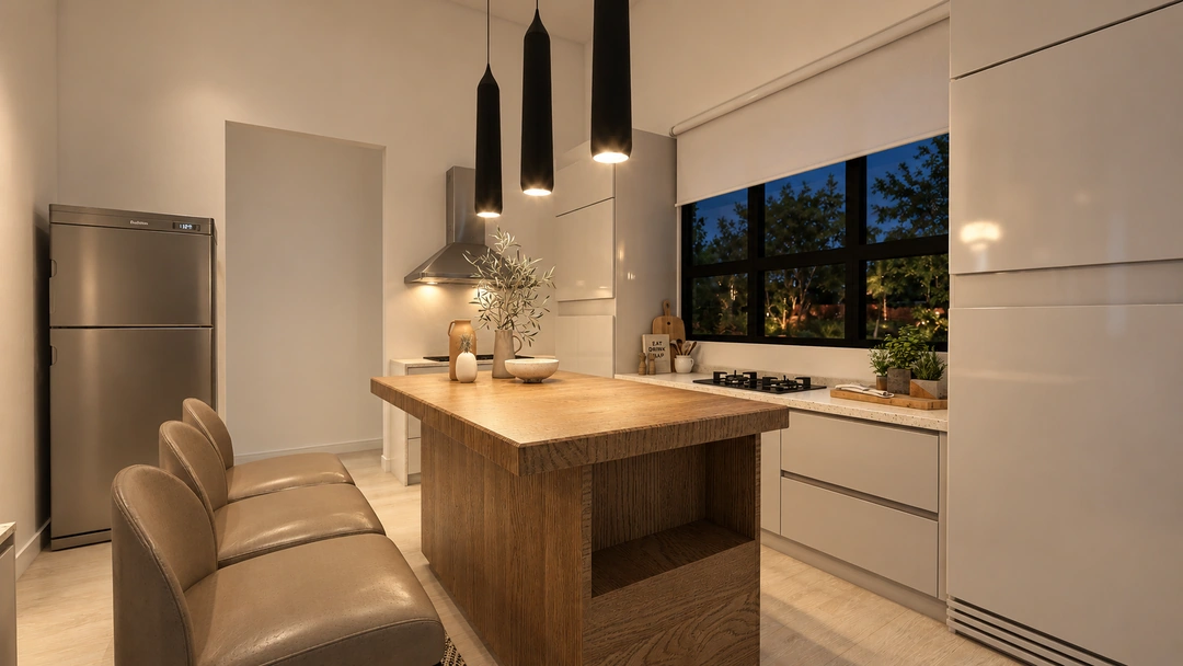 Kitchen island and tall cabinets at night — Pasadena, CA, Studio Dalika; project view 15