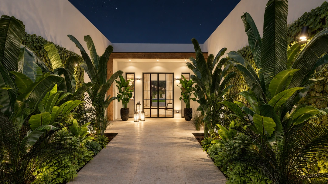 Tropical walkway leading to an illuminated entrance — Pasadena, CA, Studio Dalika; project view 16