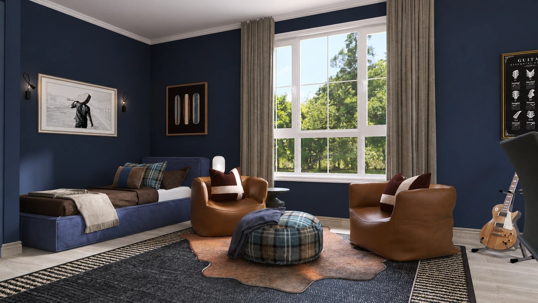Music room with blue sofa and round ottoman — New Bedford, MA, Studio Dalika
