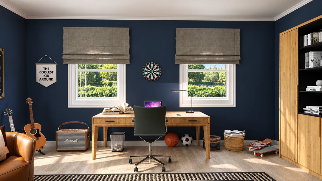 Music room with table and guitar beside shelving — New Bedford, MA, Studio Dalika; project view 3