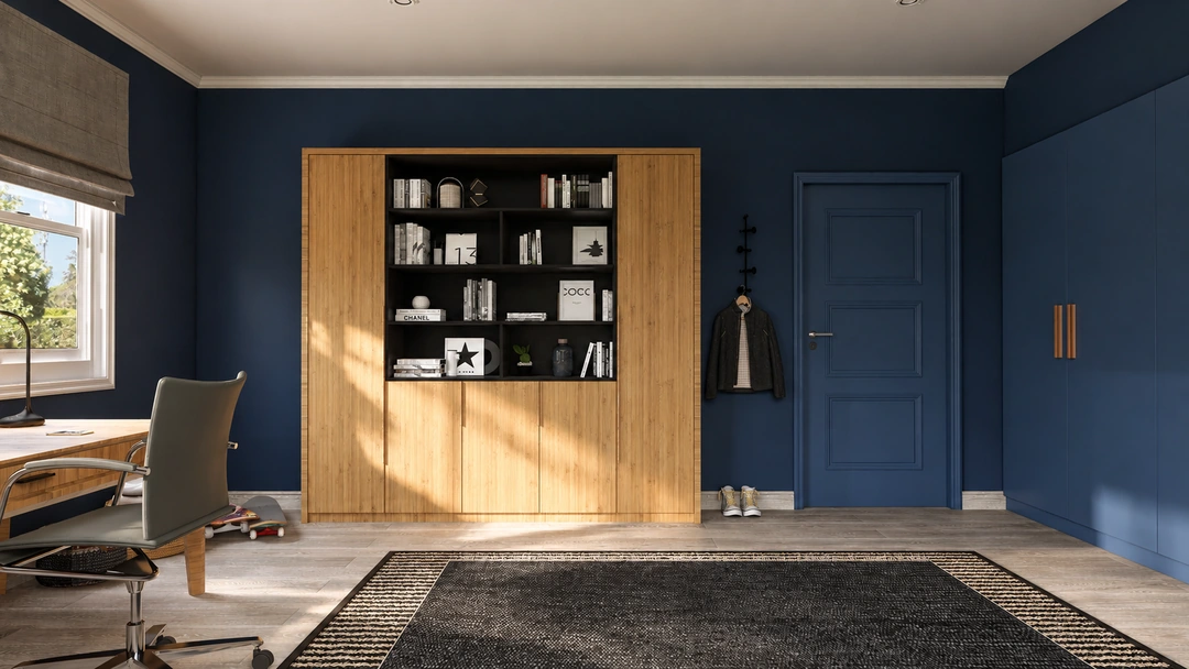 Music room with display shelves and blue walls — New Bedford, MA, Studio Dalika; project view 4