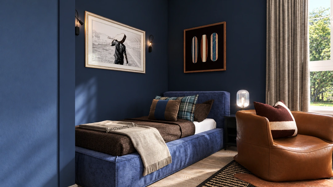 Music room with blue sofa and curved brown chair — New Bedford, MA, Studio Dalika; project view 5