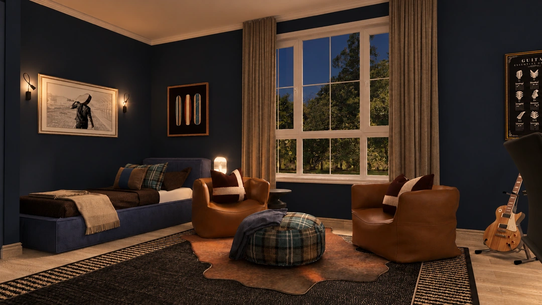 Evening music room with blue sofa and brown chairs — New Bedford, MA, Studio Dalika; project view 6