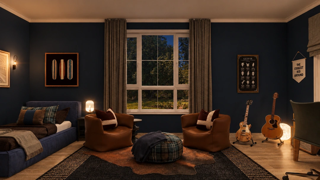 Evening music room with guitars and lounge seating — New Bedford, MA, Studio Dalika; project view 7