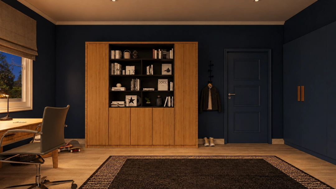 Evening music room with built in display shelves — New Bedford, MA, Studio Dalika; project view 8