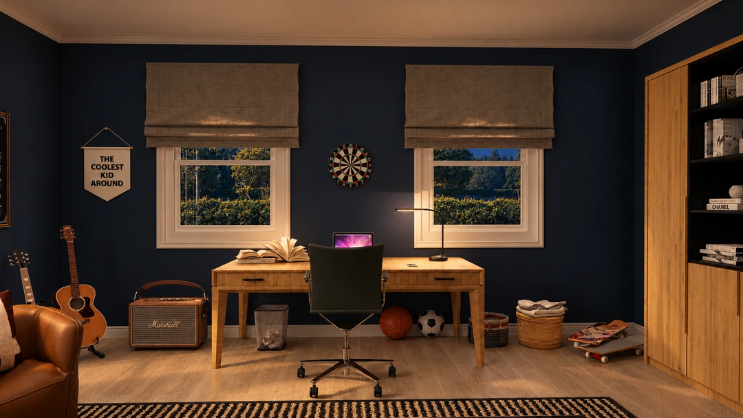 Evening music room with blue walls and instruments — New Bedford, MA, Studio Dalika; project view 9