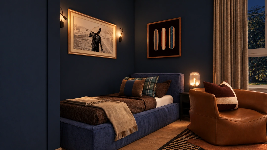 Evening music room with blue sofa and brown chair — New Bedford, MA, Studio Dalika; project view 10