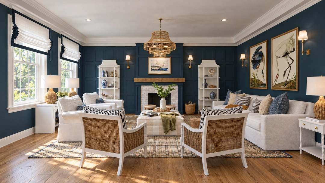 Living room with blue walls and patterned armchairs — New Bedford, MA, Studio Dalika