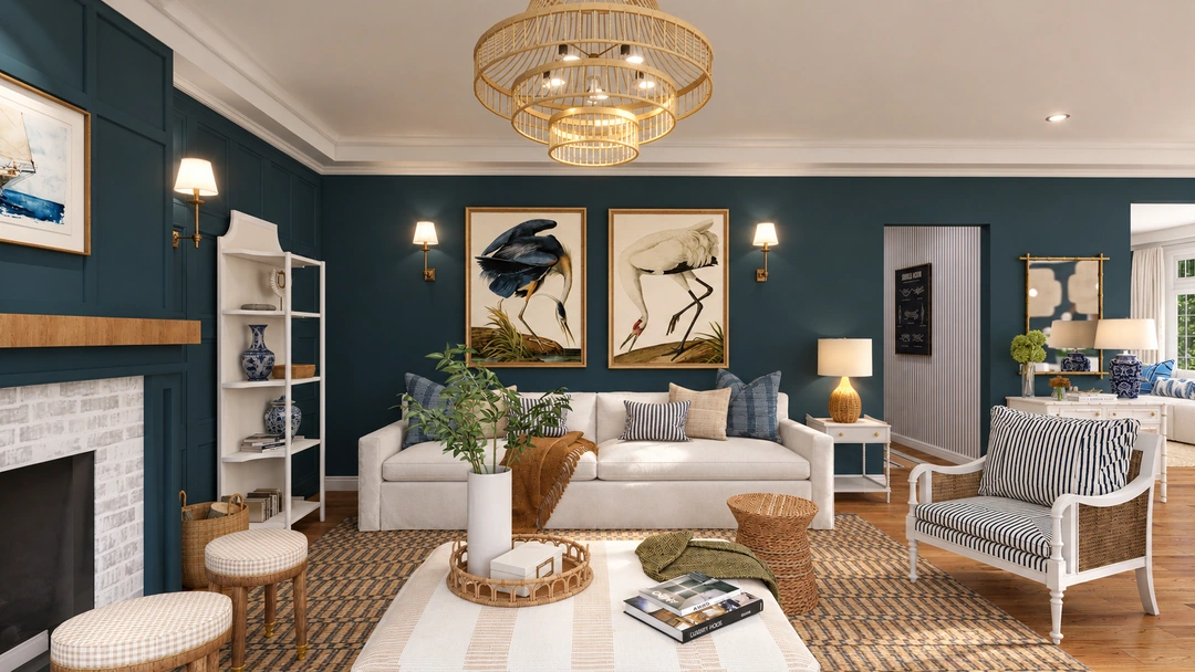 Living room with fireplace and framed gallery wall — New Bedford, MA, Studio Dalika; project view 3